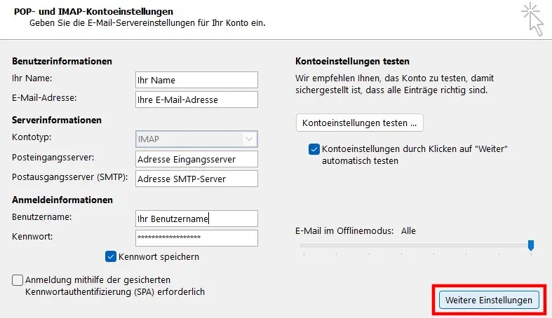 POP- und IMAP-Kontoeinstellungen in Outlook Bild: POP- und IMAP-Kontoeinstellungen in Outlook