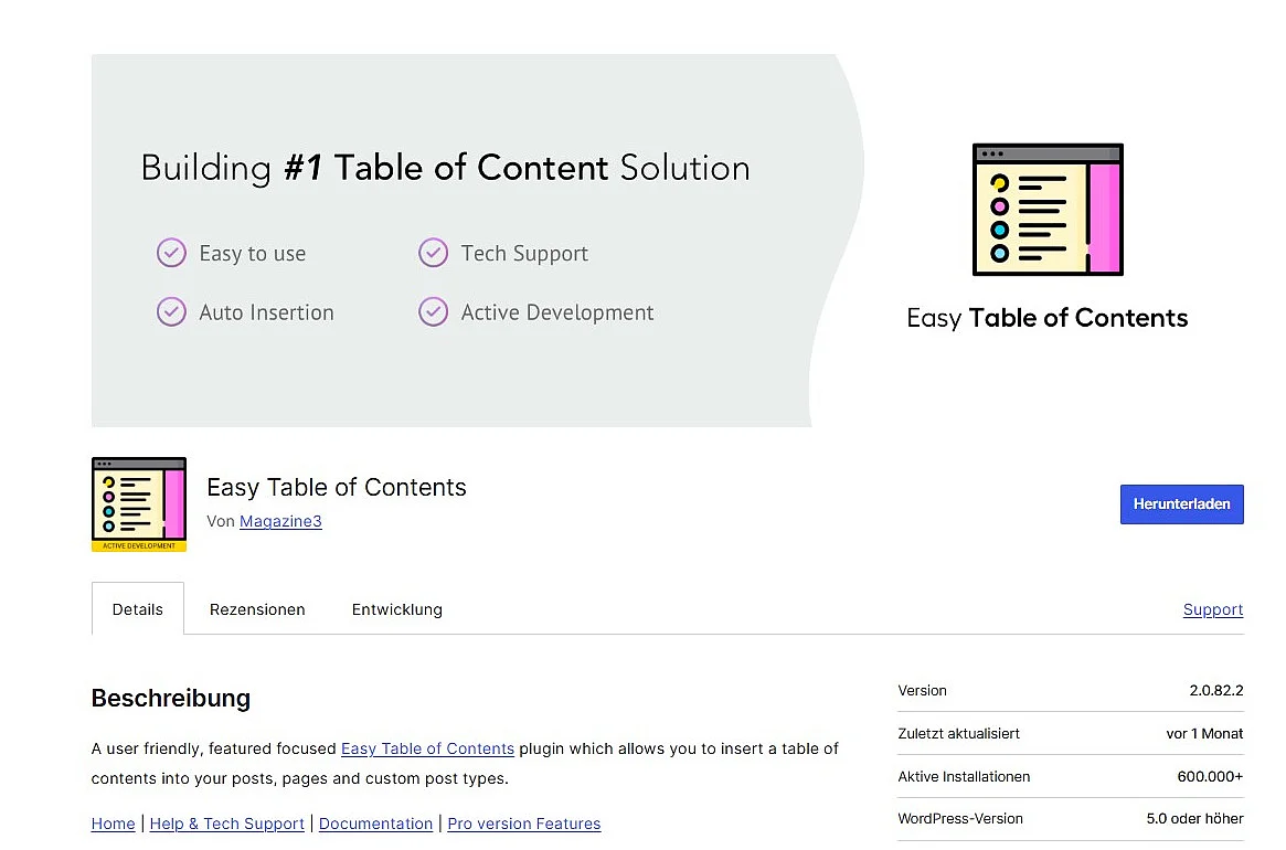 Bild: wordpress.org: Plugin-Übersichtsseite zu „Easy Table of Contents“
