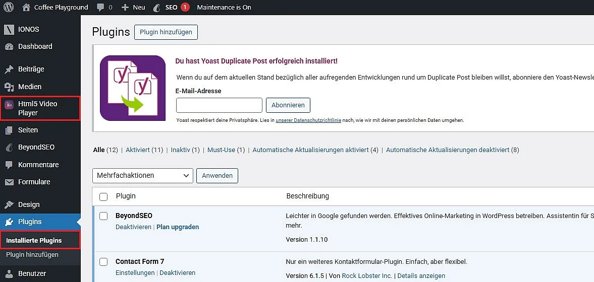 Installierte Plugins im WordPress-Backend Bild: Installierte Plugins im WordPress-Backend