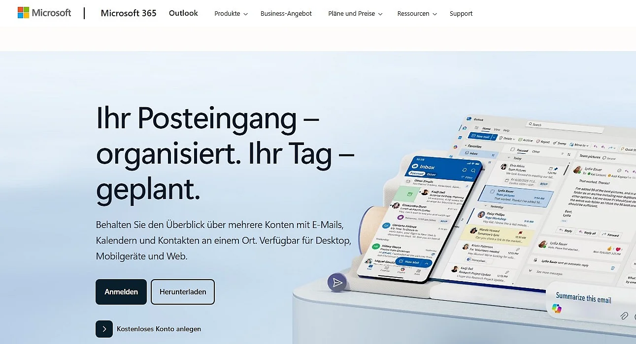 Microsoft-Website zum eigenen Maildienst Outlook.com Bild: Microsoft-Website zum eigenen Maildienst Outlook.com