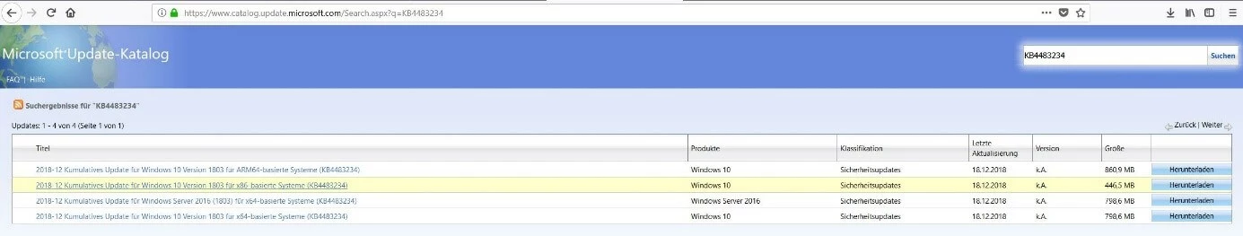 Bild: Suchergebnisse im Microsoft Update-Katalog