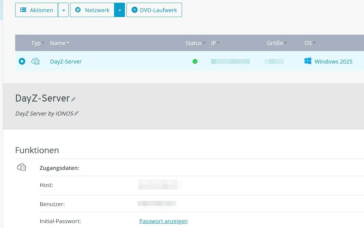 IONOS Cloud Panel: Zugangsdaten zum DayZ-Server Bild: IONOS Cloud Panel: Zugangsdaten zum DayZ-Server