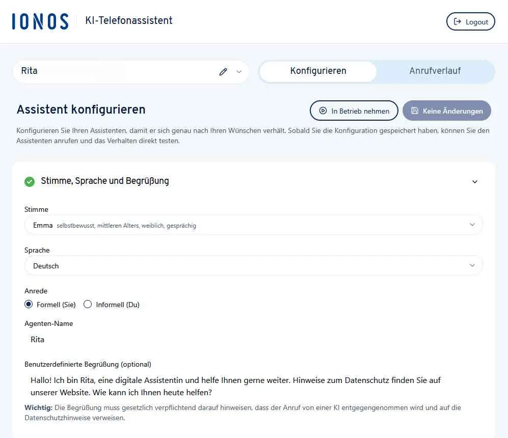 Bild: Konfiguration des IONOS KI Telefonassistenten