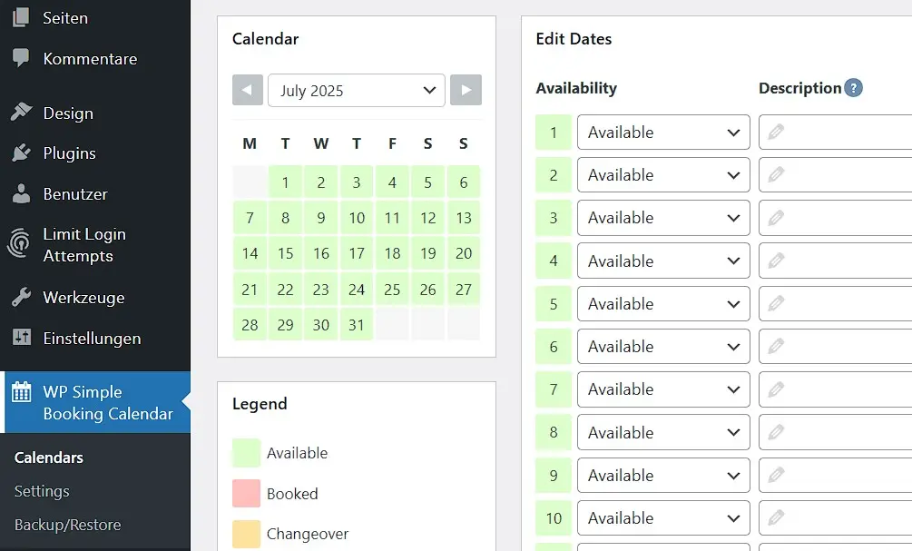 Bild: WordPress-Kalender-Plugin WP Simple Booking Calendar im WordPress-Backend