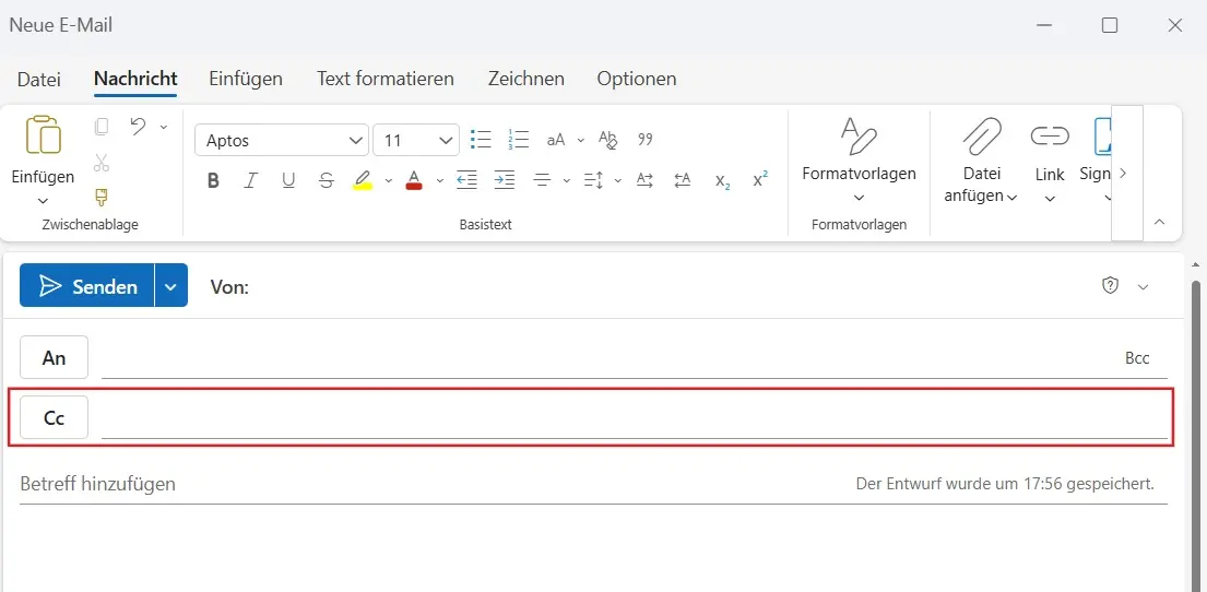Bild: Microsoft Outlook: Die Adressfelder An, Cc und Bcc im Nachrichtenfenster
