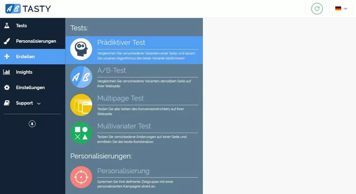 Menü zur Test-Erstellung bei AB Tasty
