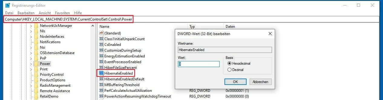 Bild: HibernateEnabled Eintrag Regedit