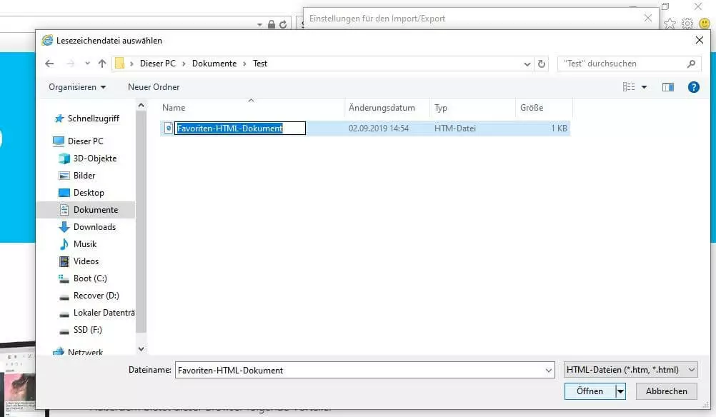 Internet Explorer 11: Angabe des Speicherorts der HTML-Datei