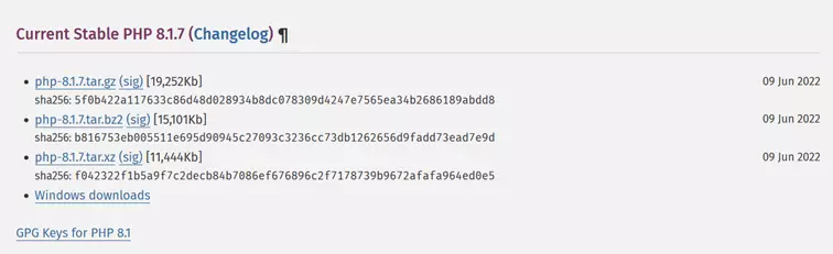 Screenshot der offiziellen PHP-Download-Website
