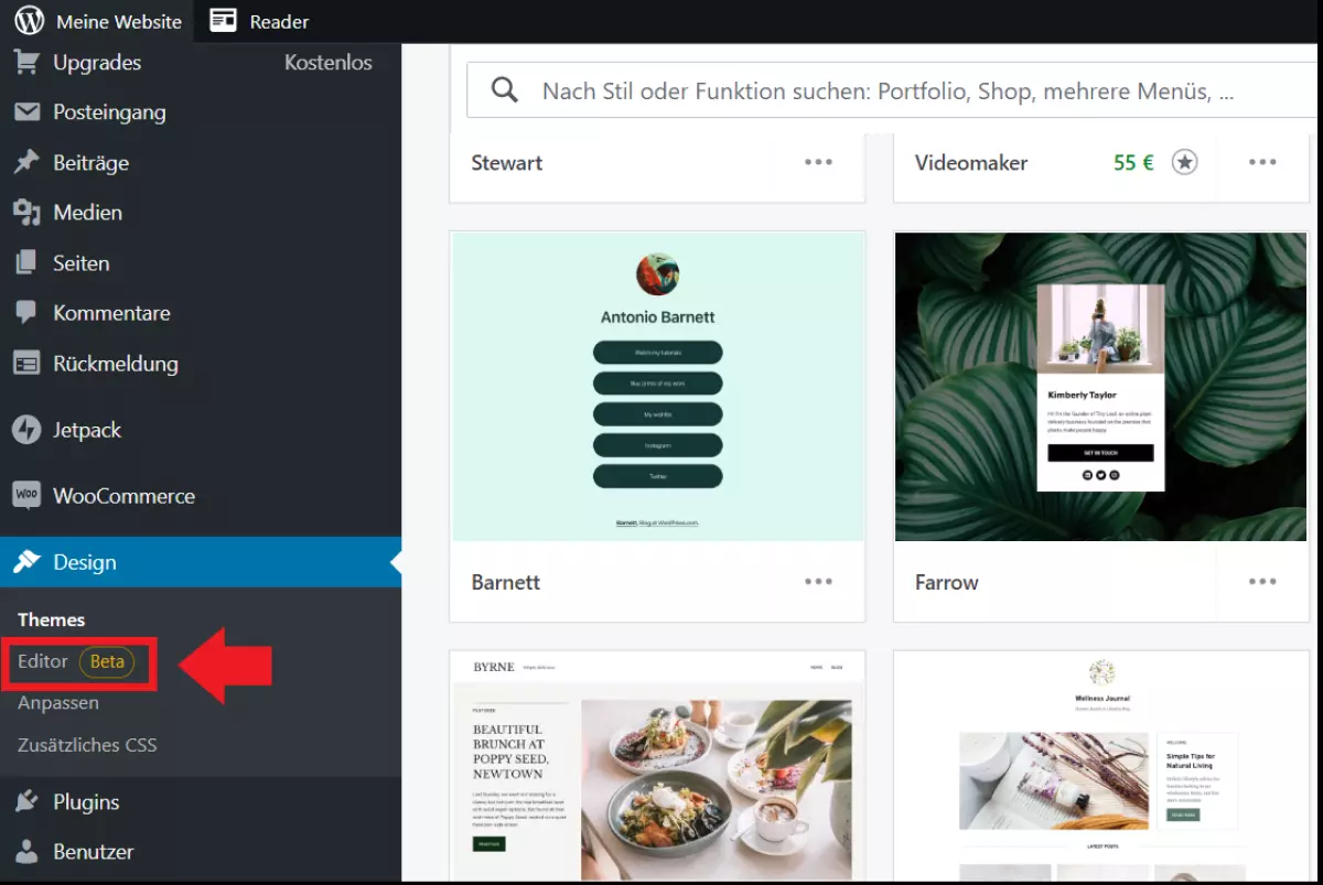 Die Dashboard-Option „Editor“ unter „Design“ Die Dashboard-Option „Editor“ unter „Design“