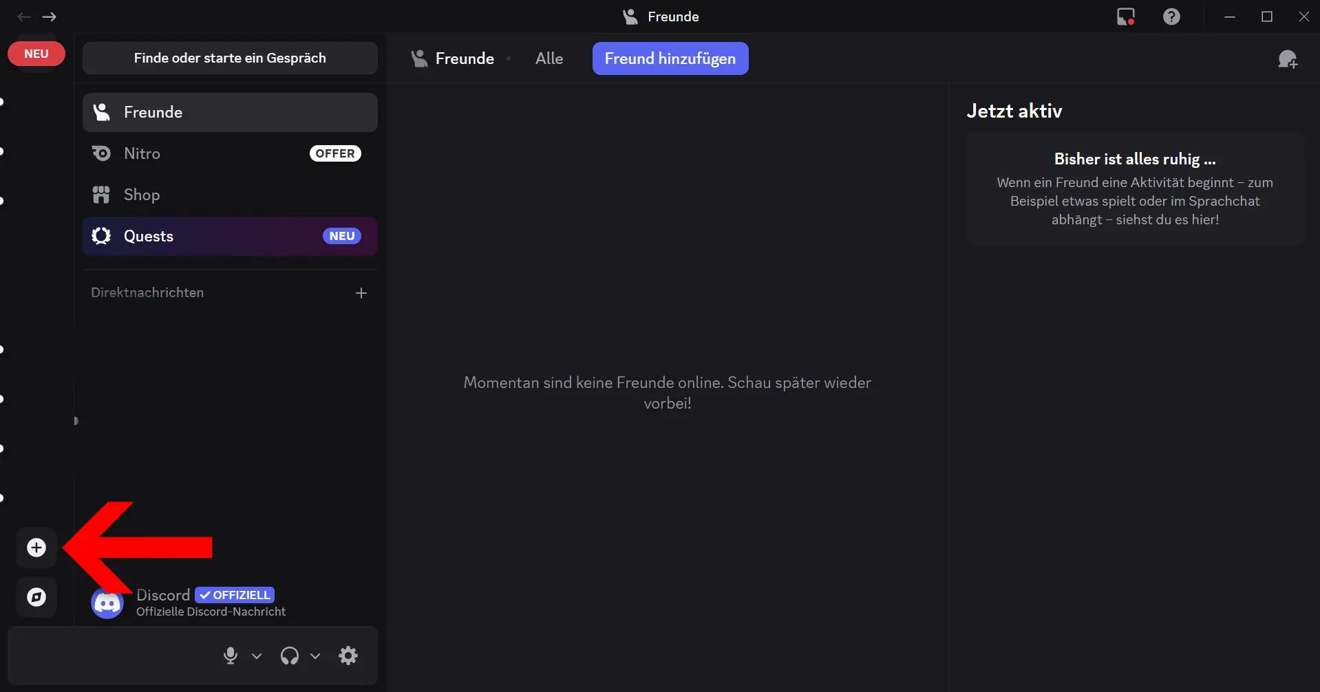 Klicken Sie in der Discord-App auf das Plus-Symbol Bild: Klicken Sie in der Discord-App auf das Plus-Symbol