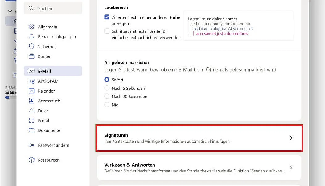 Bild: IONOS-Einstellungen: Option „Signaturen“ auswählen