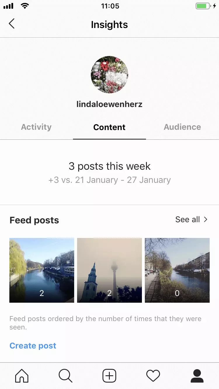 Bild: Profilansicht in der Instagram-App mit dem Symbol für die Statistiken