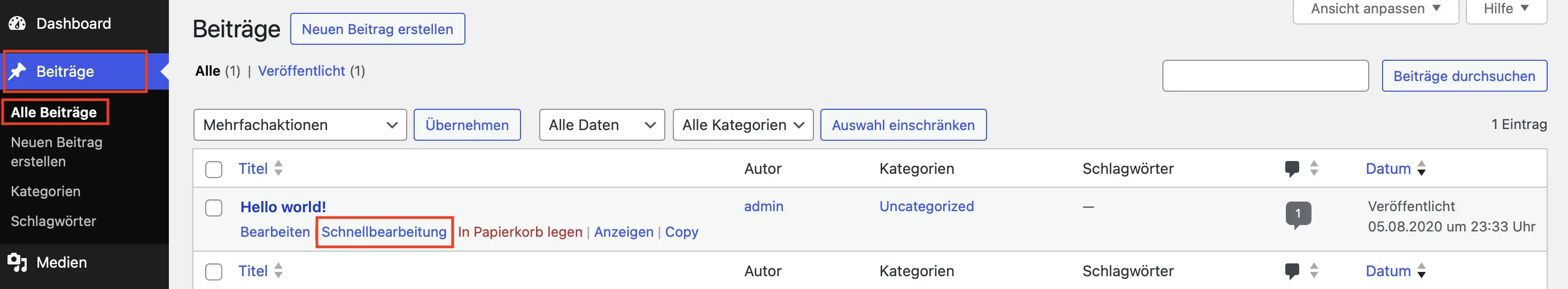 WordPress-Backend „Beiträge“ – „Alle Beiträge“ mit hervorgehobener „Schnellbearbeitung“-Funktion Bild: WordPress-Backend „Beiträge“ – „Alle Beiträge“ mit hervorgehobener „Schnellbearbeitung“-Funktion