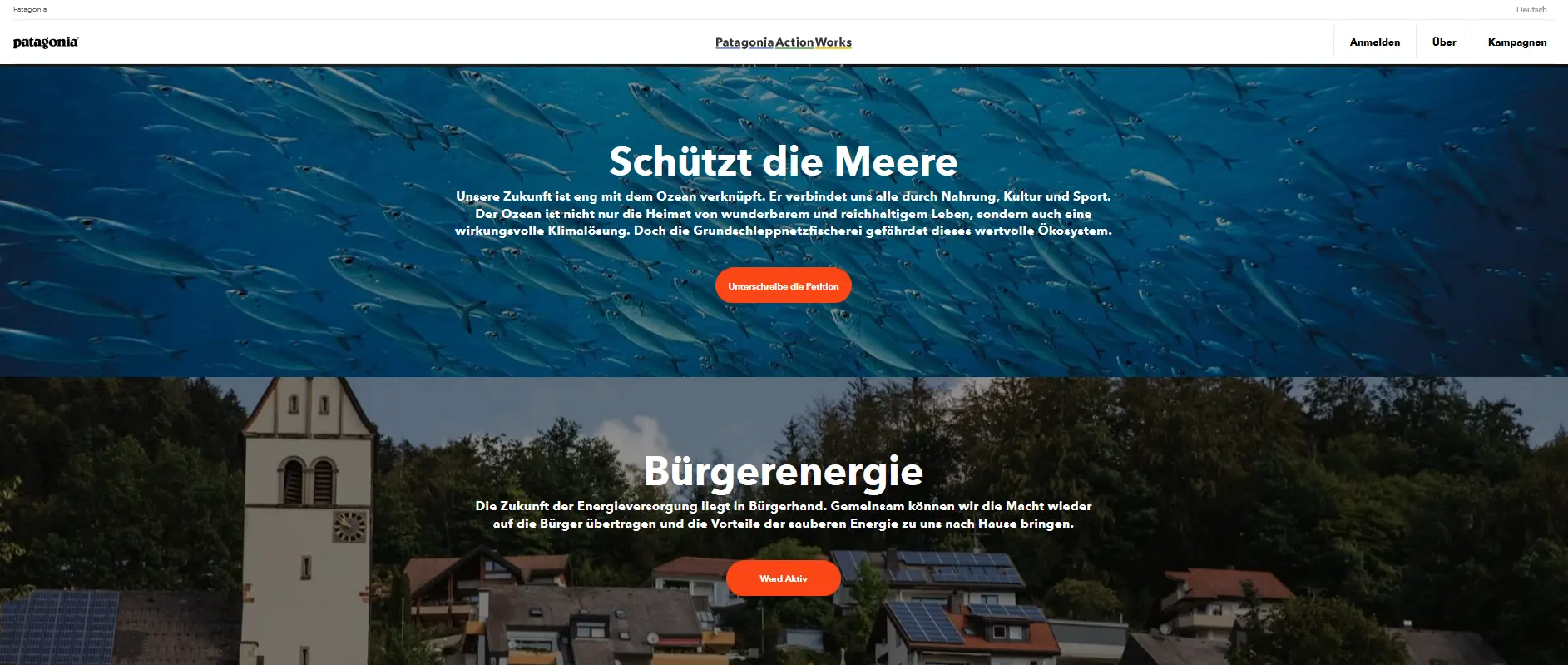 Bild: Alt-Text: Screenshot der Patagonia-Website mit Abschnitten zu Meeresschutz und Bürgerenergie