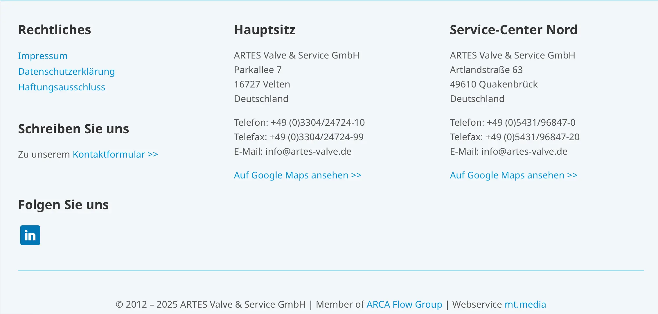 Screenshot des Footers vom Industrieunternehmen ARTES Valve & Service GmbH Bild: Screenshot des Footers vom Industrieunternehmen ARTES Valve & Service GmbH