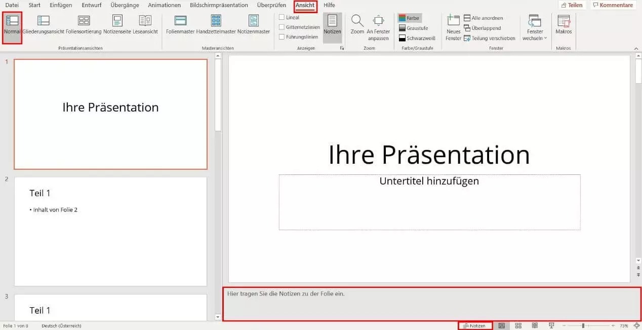 Bild: PowerPoint-Notizen: Eingeblendeter Notizbereich