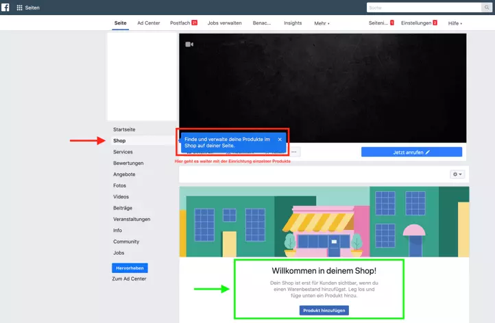 Facebook-Menü zum Hinzufügen von Produkten in den Shop