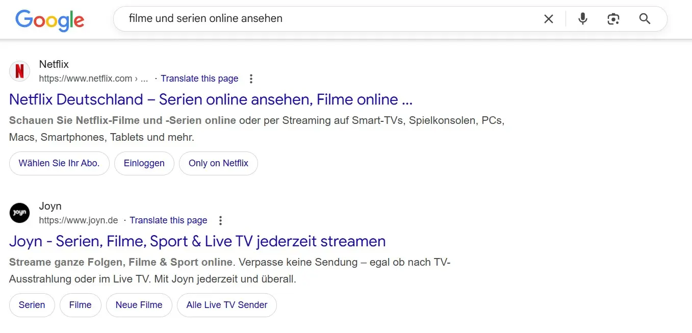 Google-Suchanfrage: „Filme und Serien online ansehen“ Bild: Google-Suchanfrage: „Filme und Serien online ansehen“