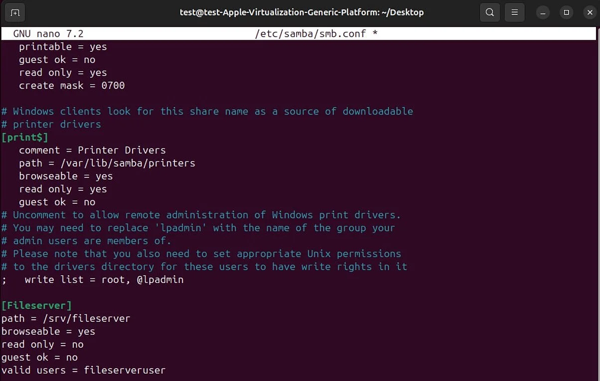 Screenshot der Samba-Konfigurationsdatei Bild: Screenshot der Samba-Konfigurationsdatei