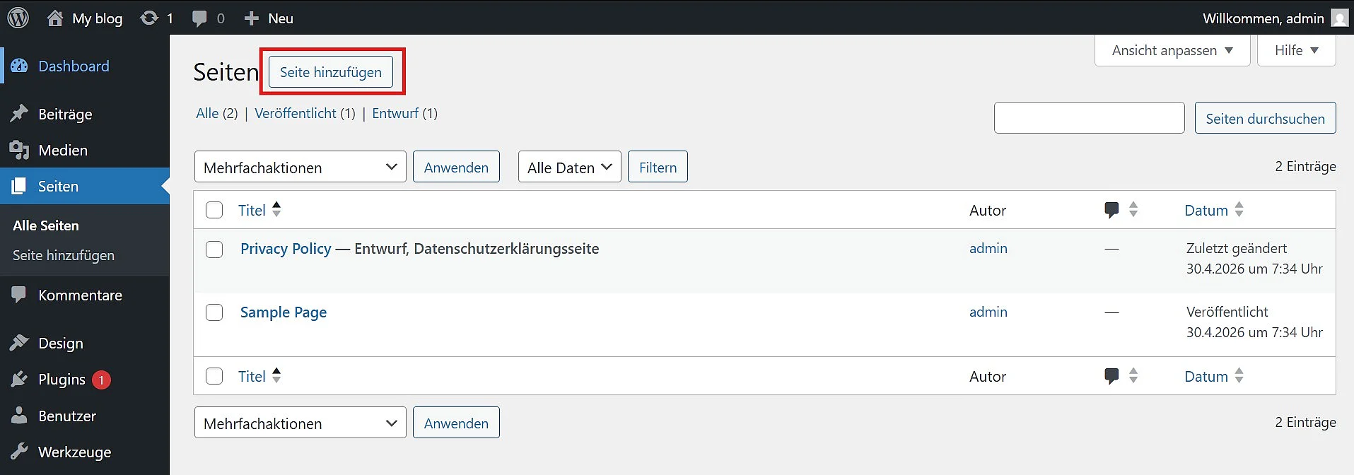 Das Menü „Seiten“ mit dem Button „Neue Seite hinzufügen“ im WordPress-Backend Bild: Das Menü „Seiten“ mit dem Button „Neue Seite hinzufügen“ im WordPress-Backend