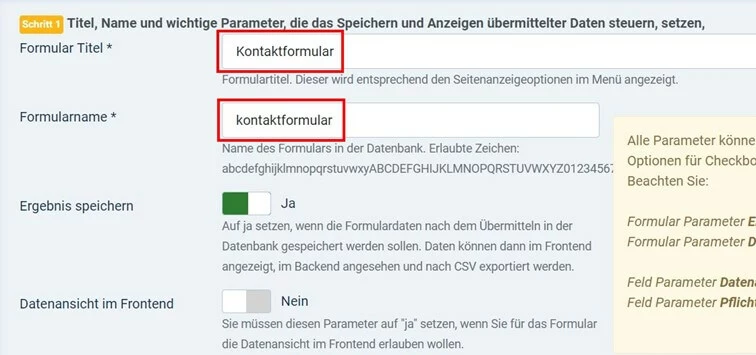 Bild: visforms: Titel und Name des Joomla-Kontaktformulars vergeben