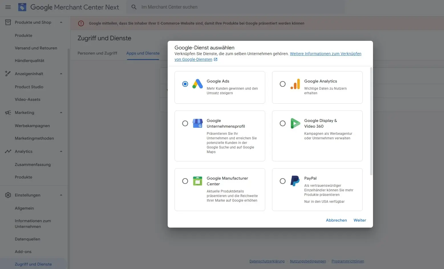 Bild: Verknüpfung von Google Ads und Google Merchant Center Next