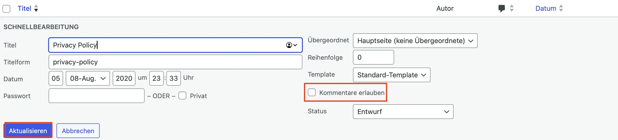 „Schnellbearbeitung“-Feld im Bereich „Seiten“ mit verschiedenen Einstellungsmöglichkeiten, u. a. „Kommentare erlauben“ Bild: „Schnellbearbeitung“-Feld im Bereich „Seiten“ mit verschiedenen Einstellungsmöglichkeiten, u. a. „Kommentare erlauben“