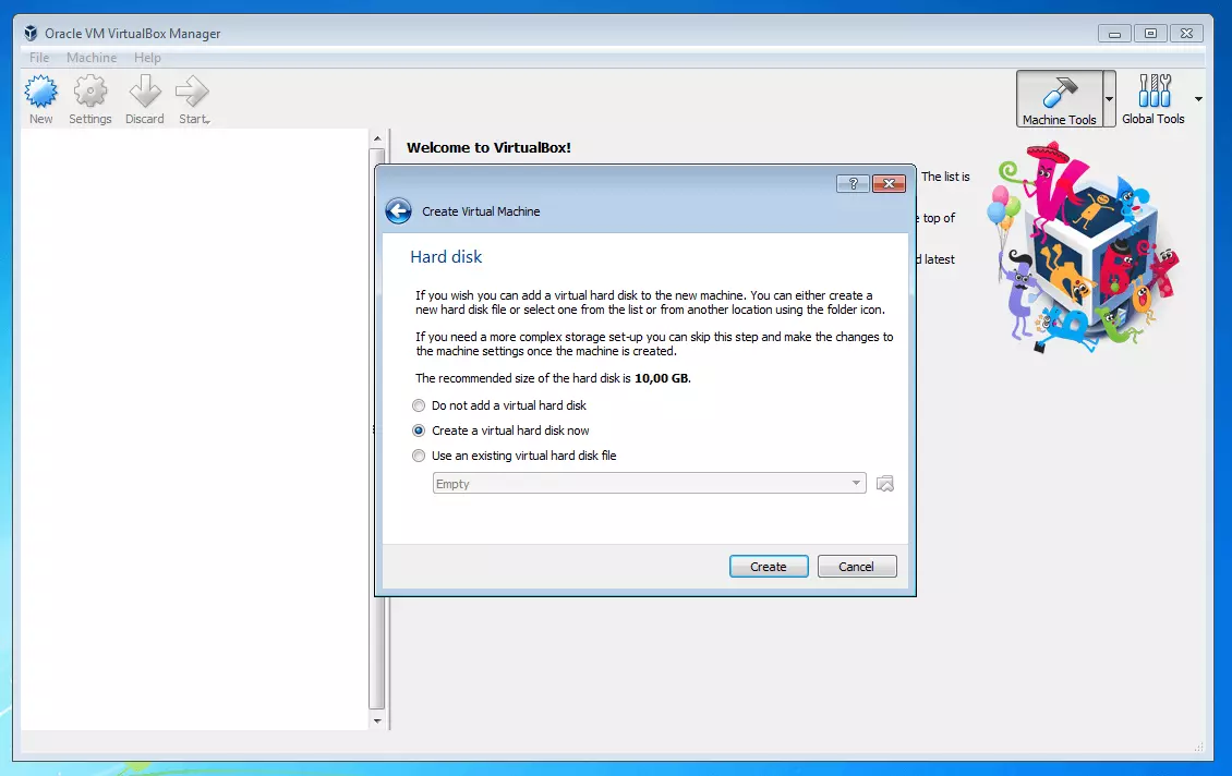 Bild: Oracle VM VirtualBox Manager: Wahl der virtuellen Festplatte