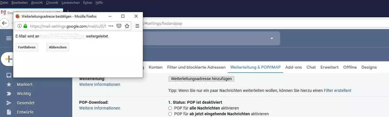 Bild: Bestätigungsfenster der Gmail-Weiterleitung
