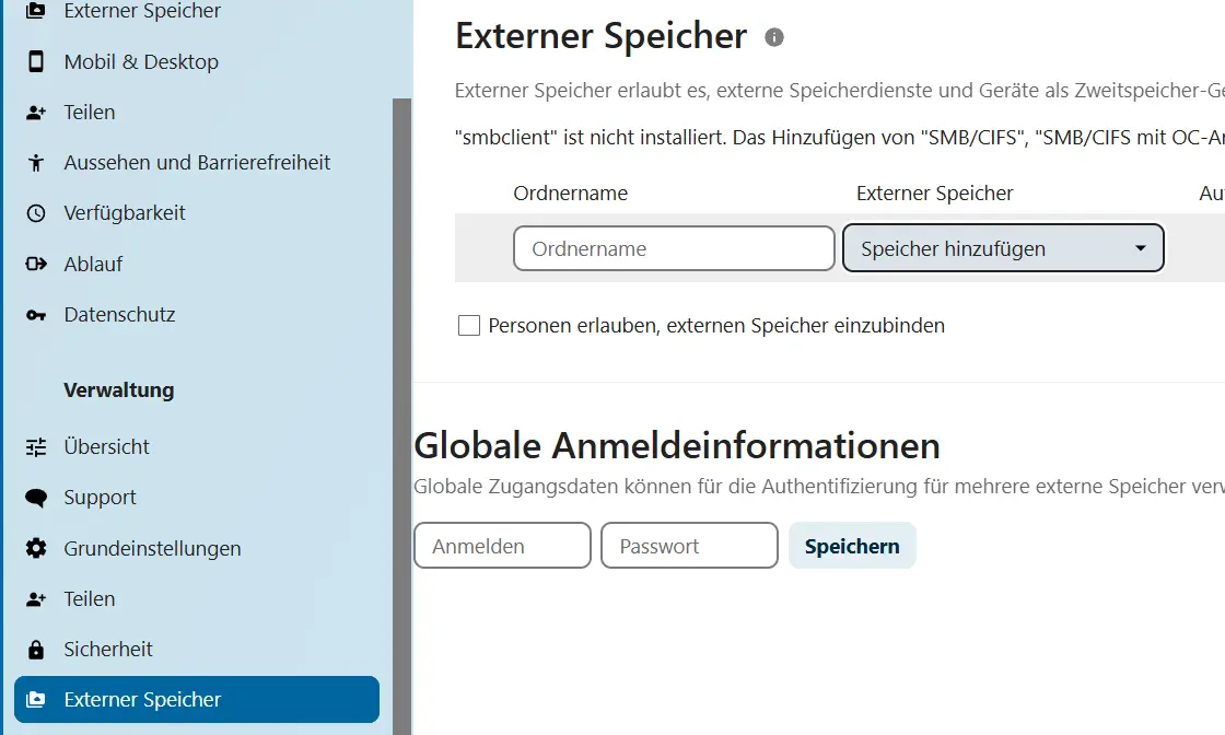 Nextcloud: Menü „Externer Speicher“ Bild: Nextcloud: Menü „Externer Speicher“
