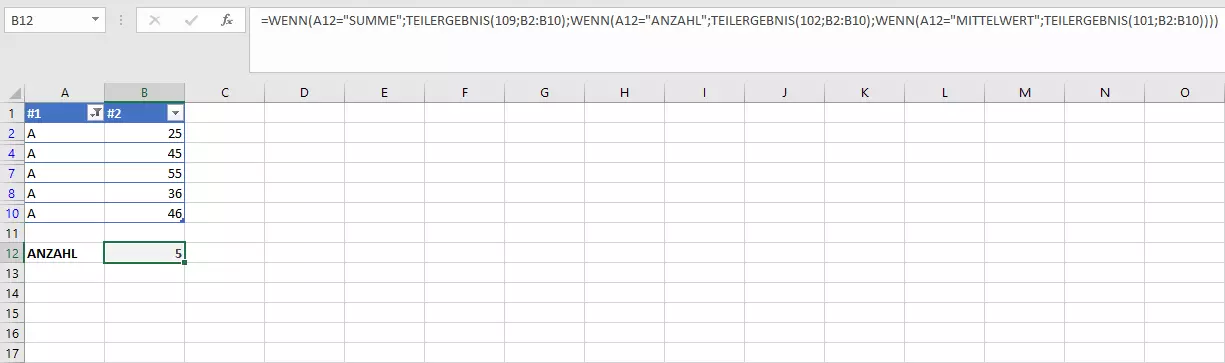 Bild: Kombination aus WENN-Abfrage und TEILERGEBNIS-Funktion in einer Excel-Tabelle