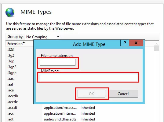 IIS Manager: MIME-Typ hinzufügen Dialogfenster