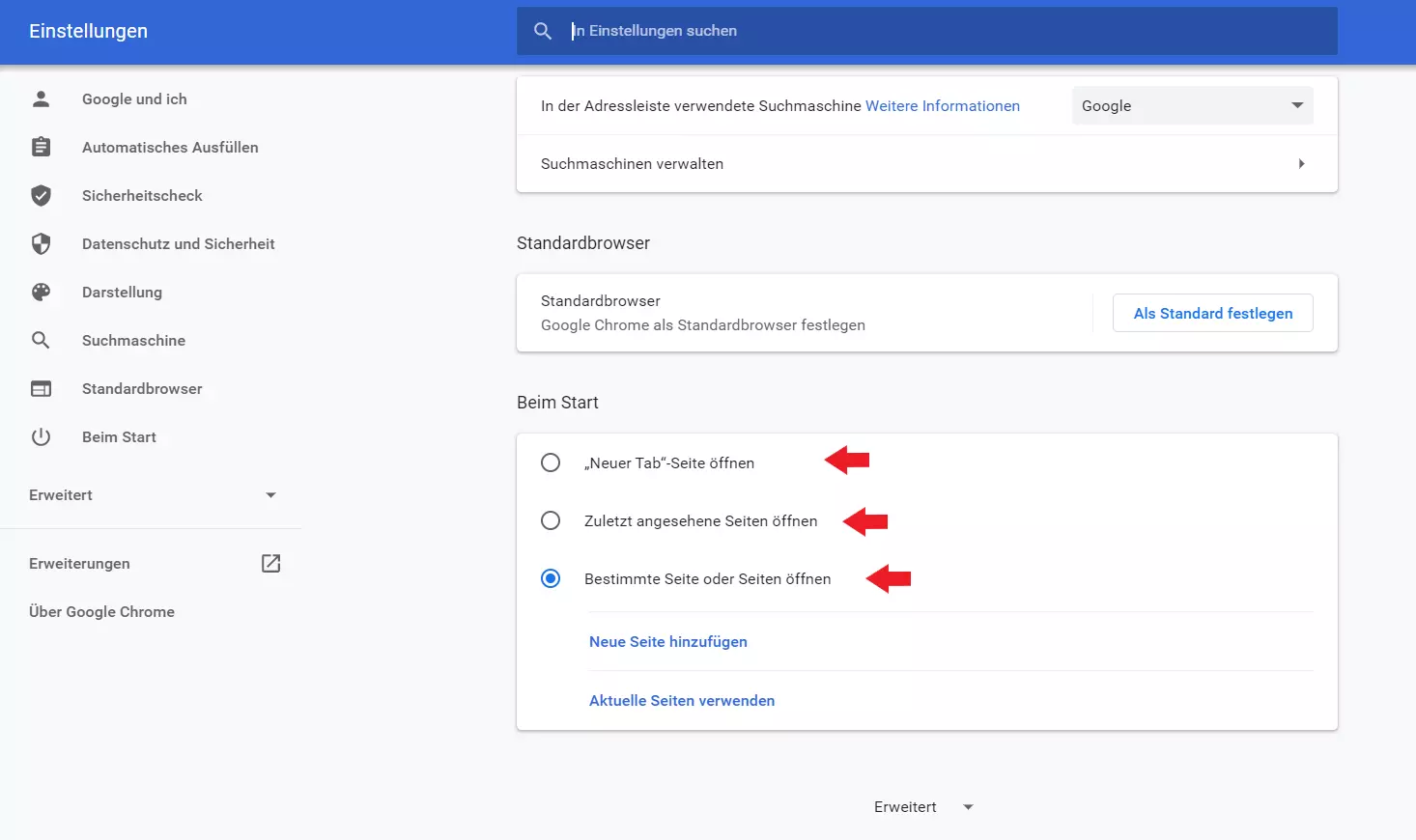 Bild: Chrome bietet Ihnen drei Optionen, um die Chrome-Startseite festzulegen.