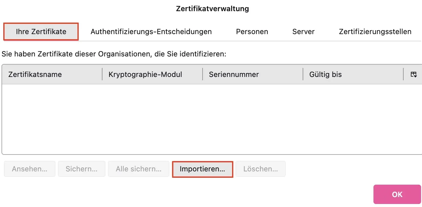 Bild: Zertifikat in Thunderbird importieren