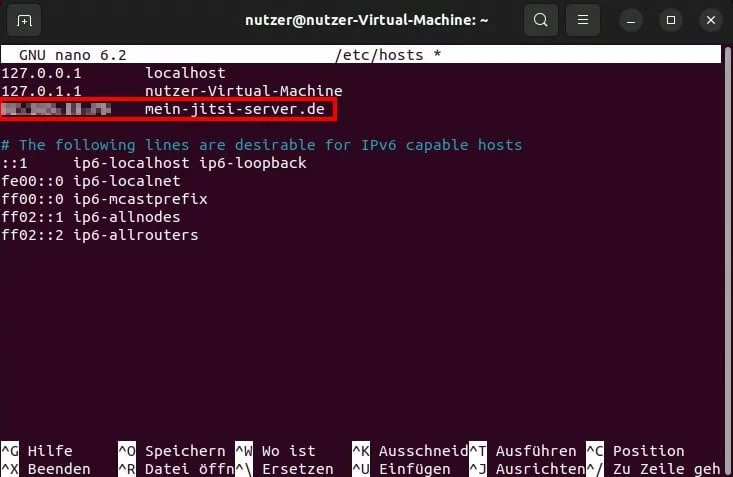 Bild: Ubuntu-Hosts-Datei mit neuem Adresseintrag