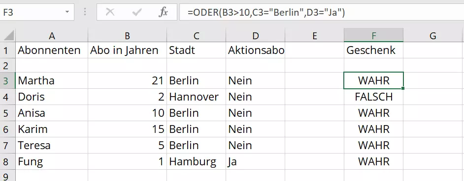 Excel-ODER-Funktion mit selbstdefinierten Kategorien