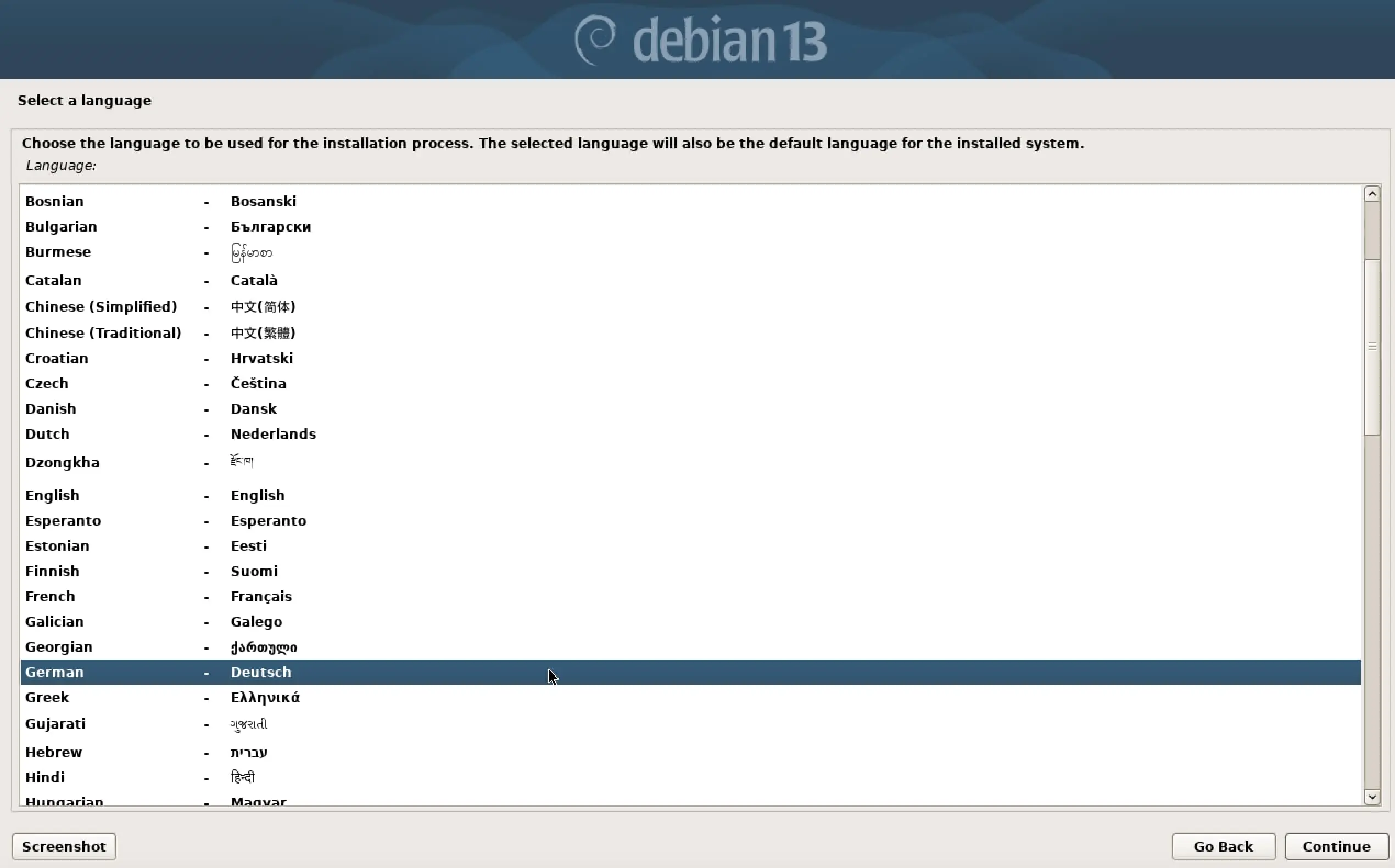 Bild: Screenshot der Debian-13-Installation: Sprachauswahl