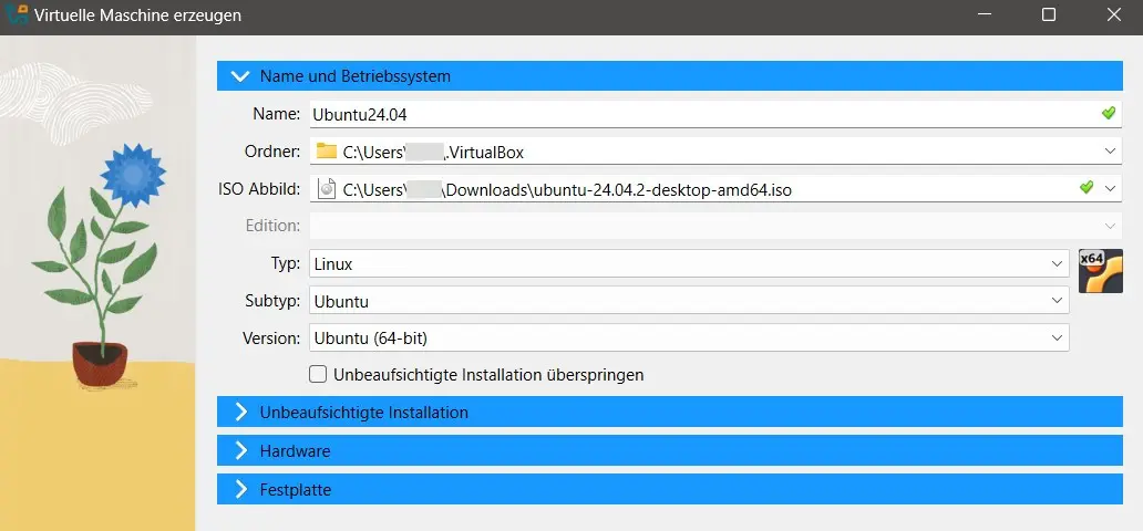 Bild: Oracle VirtualBox Manager: Auswahl des Betriebssystems
