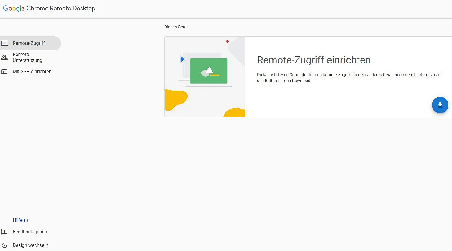 Chrome Remote Desktop: Startbildschirm Bild: Chrome Remote Desktop: Startbildschirm