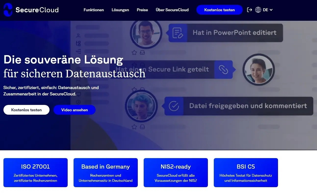 Die Website des Cloud-Anbieters SecureCloud Bild: Die Website des Cloud-Anbieters SecureCloud