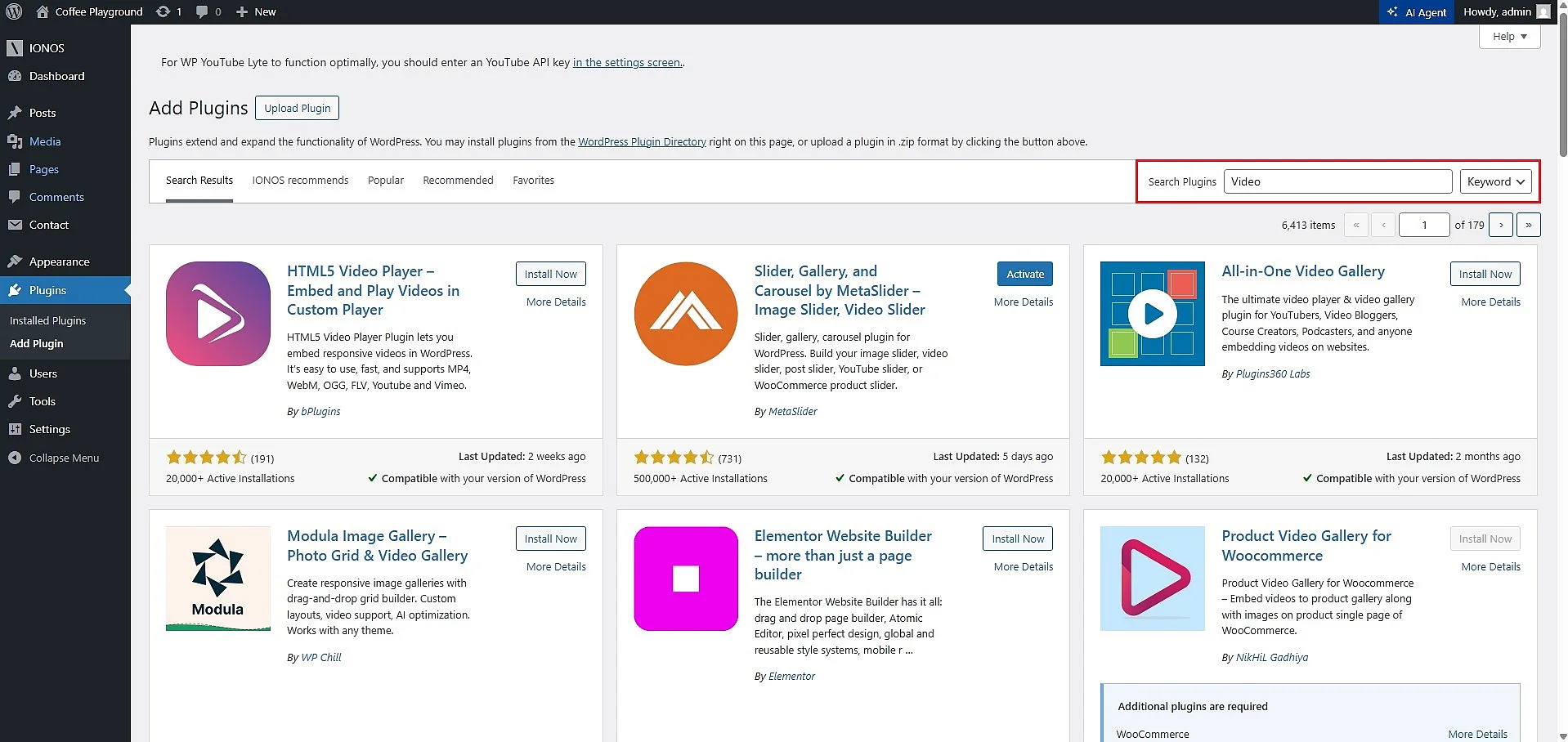 Bild: Ansicht verfügbarer Video-Plugins im WordPress-Backend