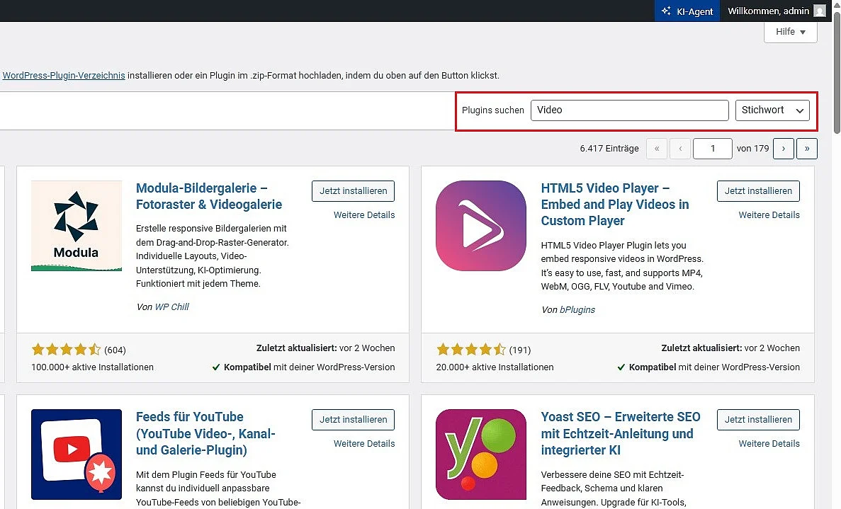 Ansicht verfügbarer Video-Plugins im WordPress-Backend Bild: Ansicht verfügbarer Video-Plugins im WordPress-Backend