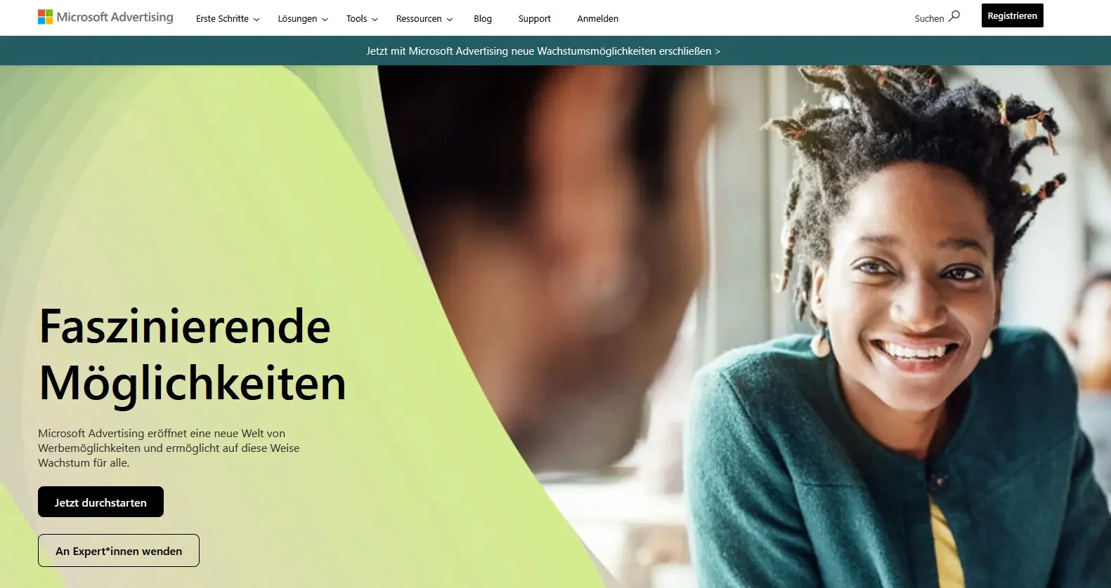 Bild: Startseite von Microsoft Advertising mit Einstiegsbereich für Kampagnen und Registrierungsoption