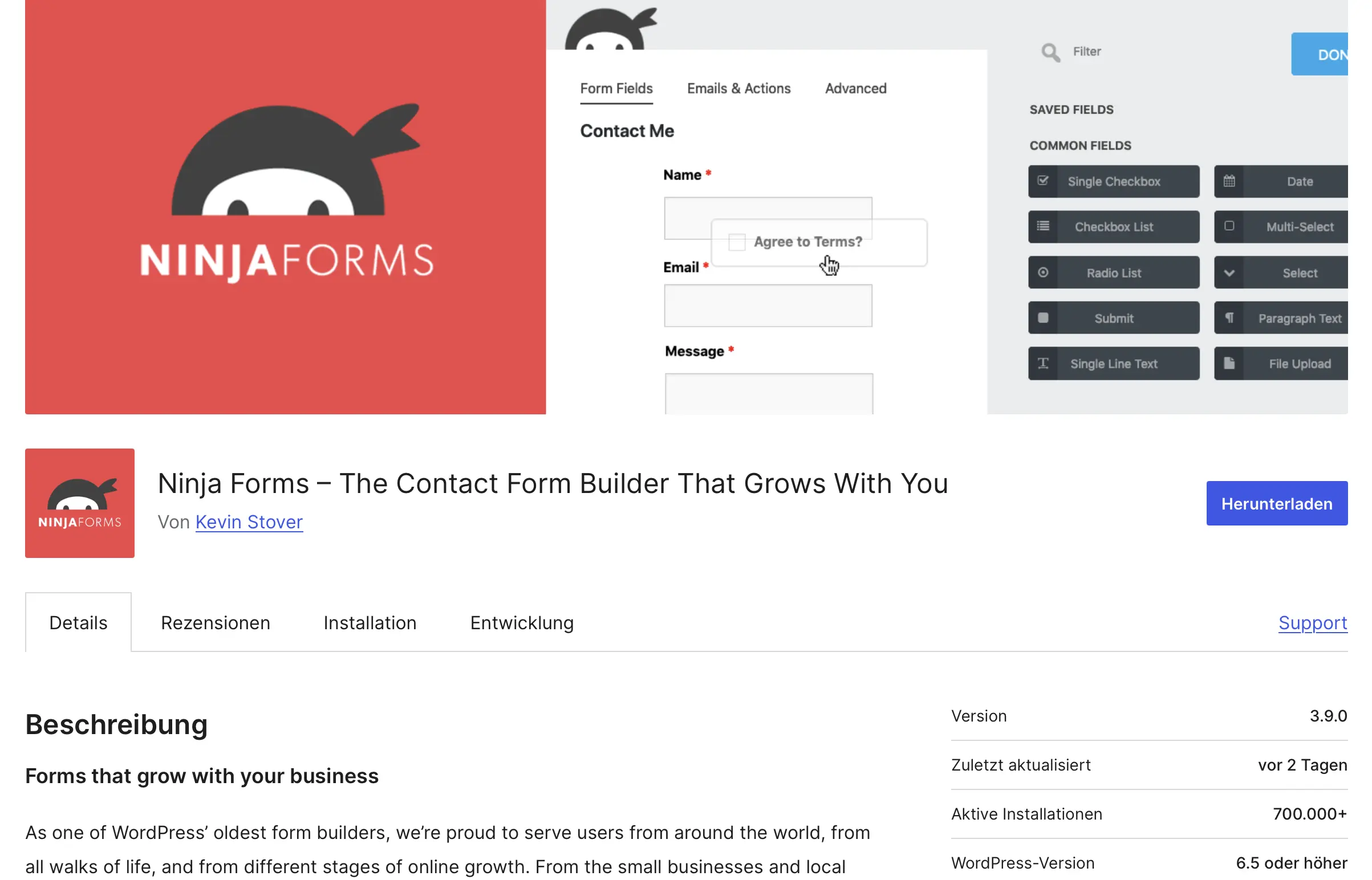 Screenshot des WordPress-Kontaktformular-Plugins Ninja Forms Bild: Screenshot des WordPress-Kontaktformular-Plugins Ninja Forms