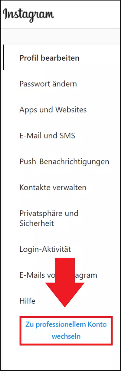 Instagram-Einstellungen mit dem Punkt „Zu professionellem Konto wechseln“