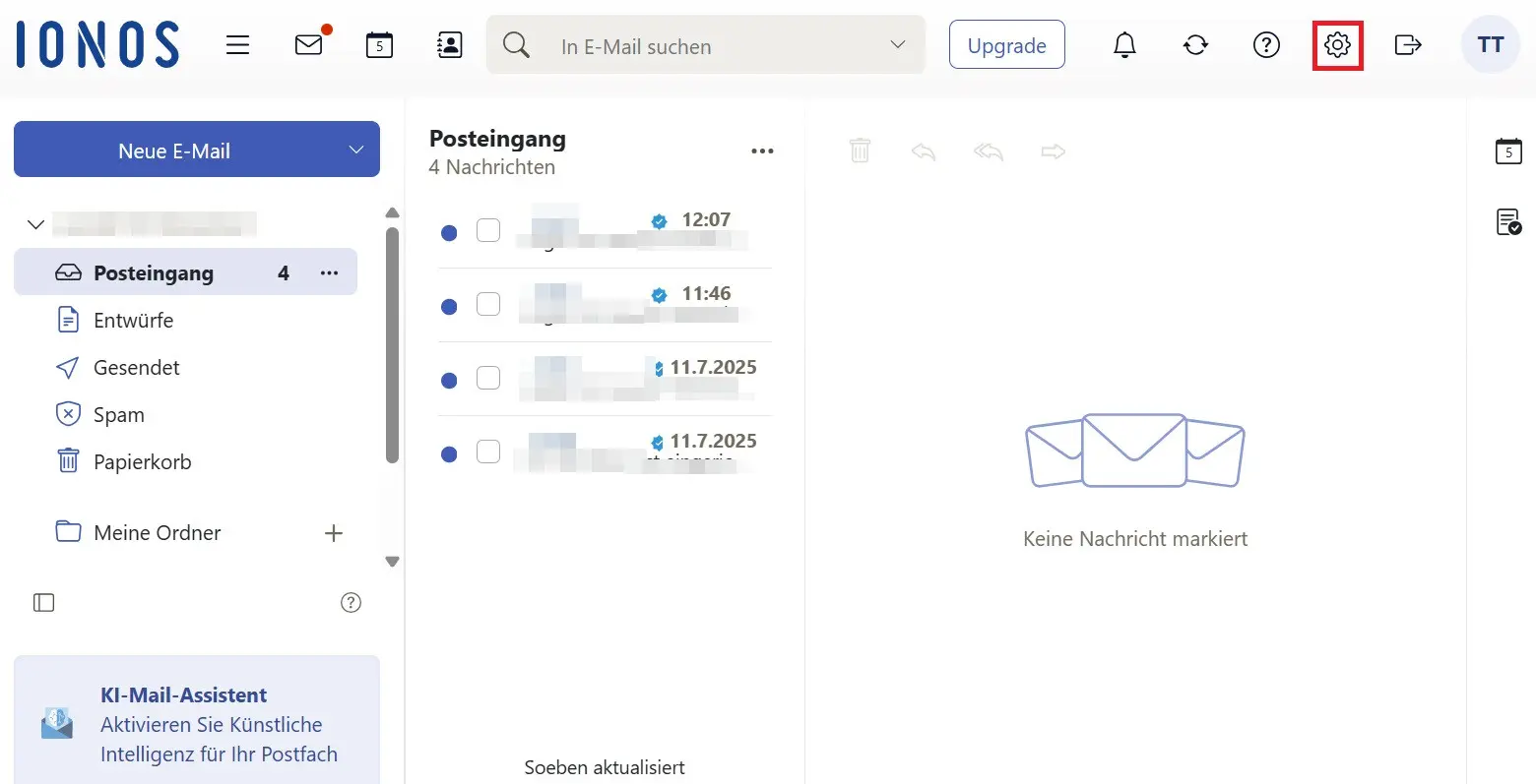 Bild: Einstellungen in der Oberfläche von IONOS Mail