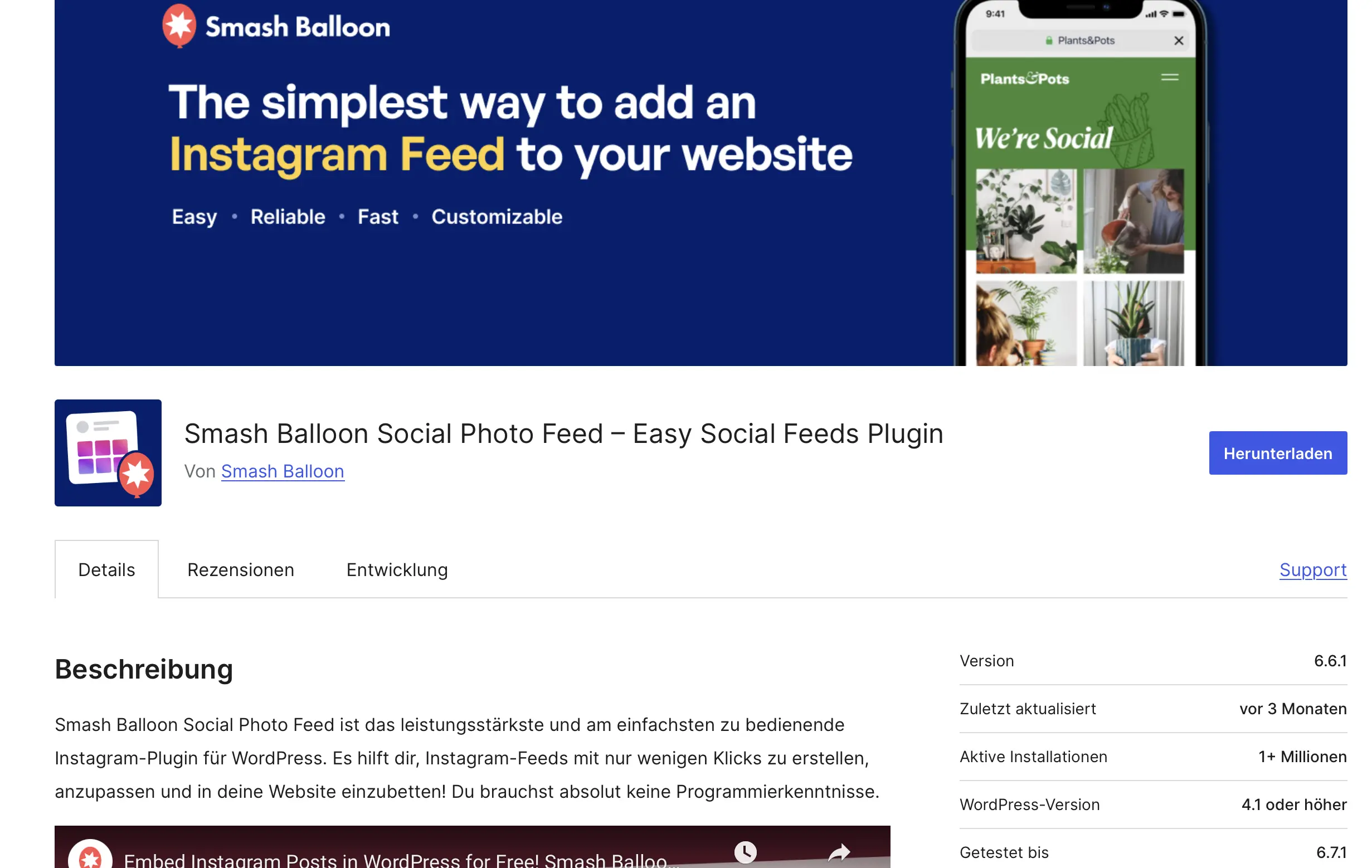 Smash Balloon Social Photo Feed im WordPress-Plugin-Store Bild: Smash Balloon Social Photo Feed im WordPress-Plugin-Store