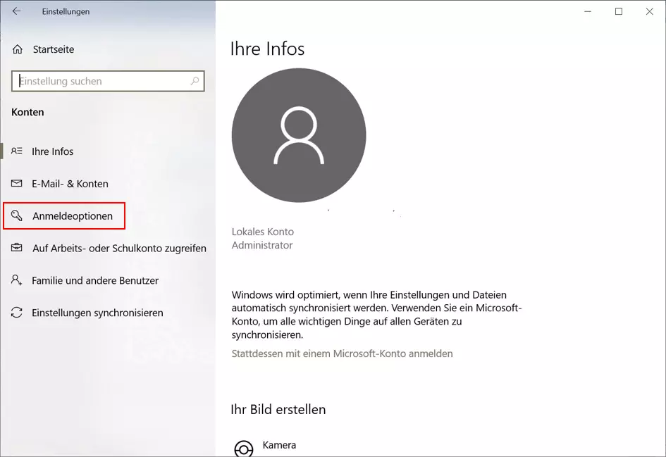 Bild: Anmeldeoptionen in den Windows-10-Kontoeinstellungen