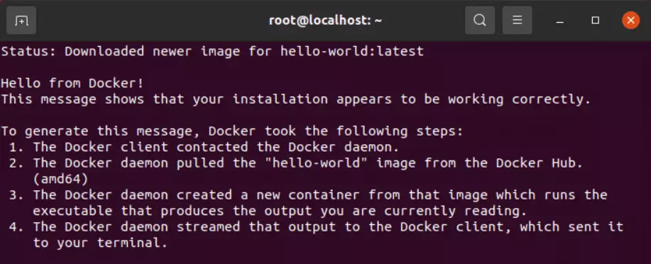 Ausgeführter „Hello World“-Container im Ubuntu-Terminal